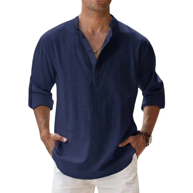 Men's Cotton Linen Casual Henley Shirt
