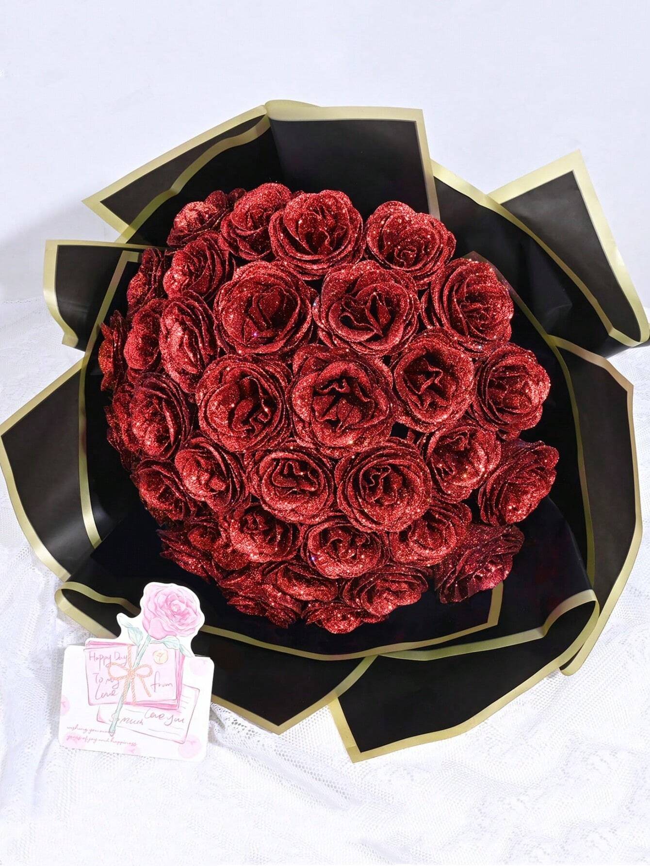 MEHELANY 12pcs 2.76 Inch Glitter Rose Bouquet, DIY Artificial Glitter Flower Bouquet, Red Fake Flowers, Artificial Roses, Everlasting Shiny Artificial Rose Bouquet, Suitable For Anniversary, Engagement, Wedding Gift, Home Decor, Office Kitchen Decor, Part