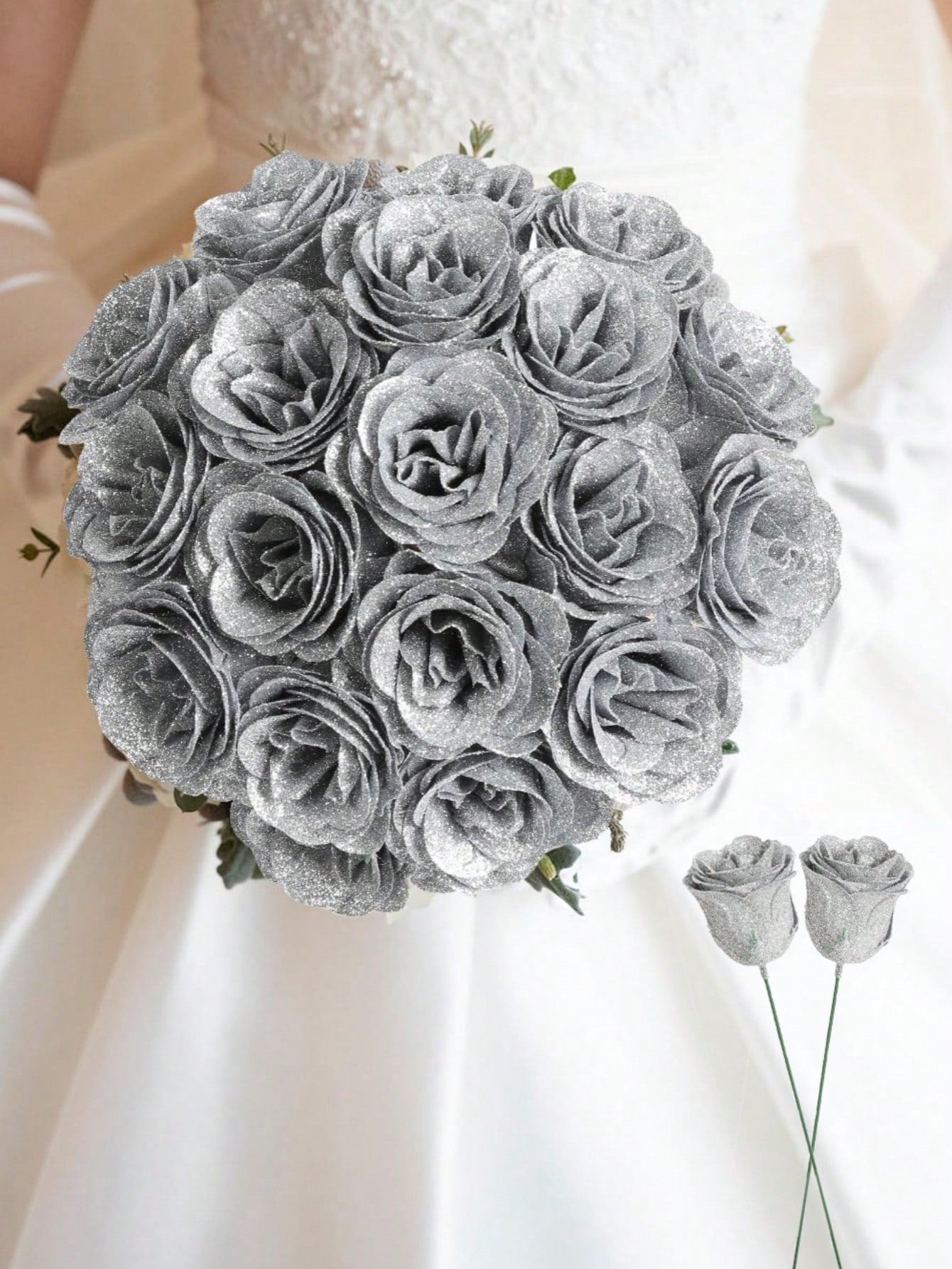 MEHELANY 12pcs 2.76 Inch Glitter Rose Bouquet, DIY Artificial Glitter Flower Bouquet, Red Fake Flowers, Artificial Roses, Everlasting Shiny Artificial Rose Bouquet, Suitable For Anniversary, Engagement, Wedding Gift, Home Decor, Office Kitchen Decor, Part