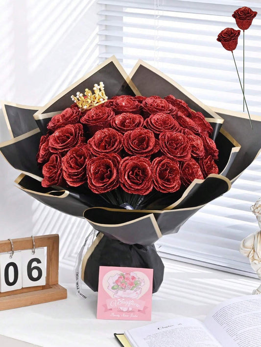 MEHELANY 12pcs 2.76 Inch Glitter Rose Bouquet, DIY Artificial Glitter Flower Bouquet, Red Fake Flowers, Artificial Roses, Everlasting Shiny Artificial Rose Bouquet, Suitable For Anniversary, Engagement, Wedding Gift, Home Decor, Office Kitchen Decor, Part