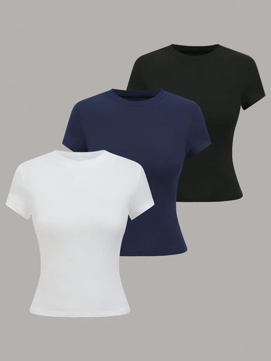Lymera Women's Casual Solid Color Black White Short Sleeve T-Shirt Tops For Women Fall Autumn And Winter Halloween Work Office Occasion For Women Going Out Party Christmas Thanksgiving New Year Occasion