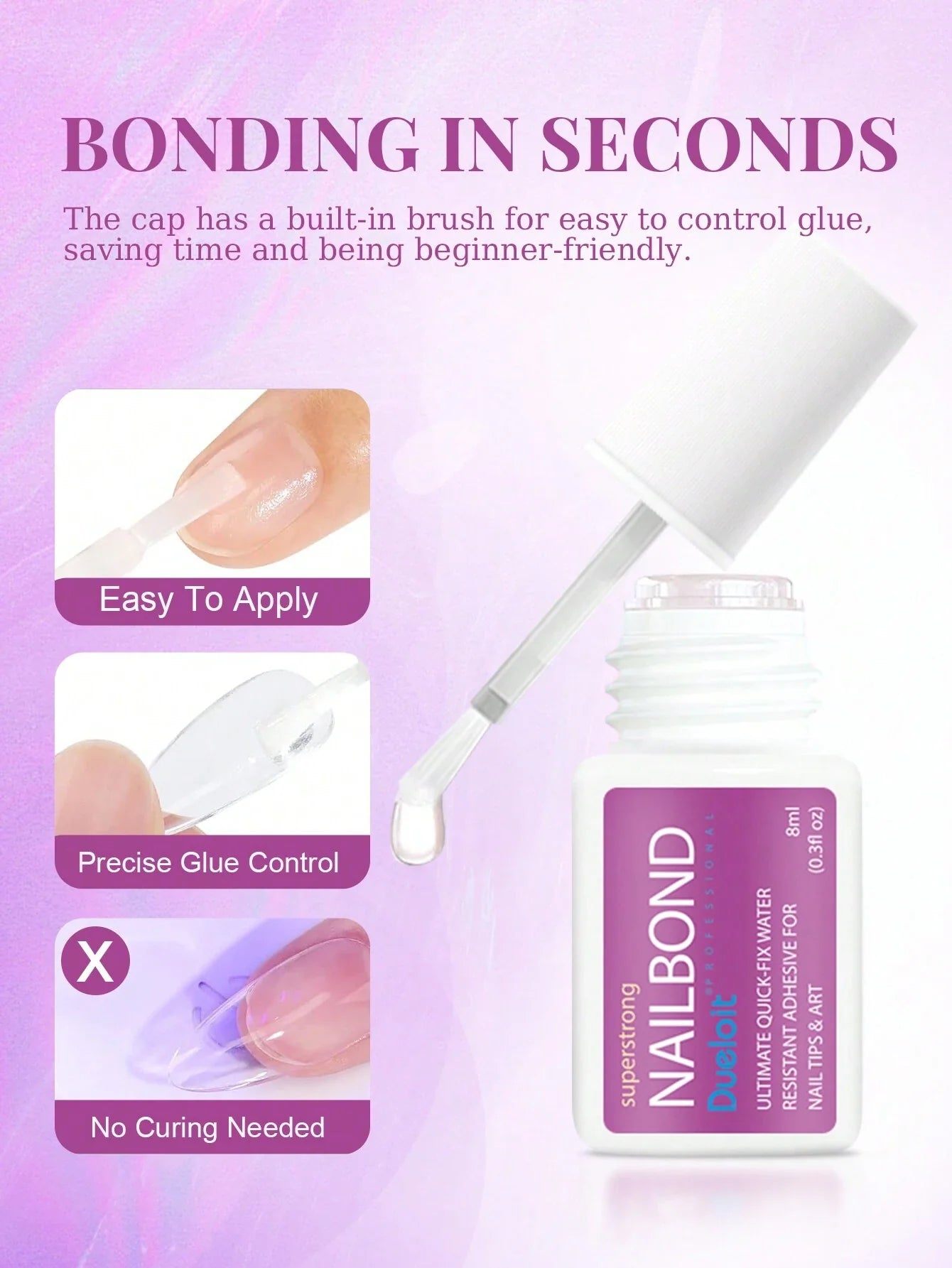 Extra Strong Brush-On Nail Glue For Acrylic Nails, Nail Tips & Press-On Nails (8ml) With File For Glue-On Fake Nails, Fix Broken Nail Repair. Acrylic Nail Glue Nail Bond Nail Glue Gel