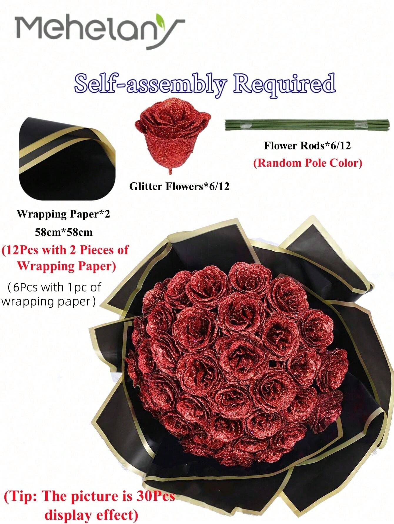 MEHELANY 12pcs 2.76 Inch Glitter Rose Bouquet, DIY Artificial Glitter Flower Bouquet, Red Fake Flowers, Artificial Roses, Everlasting Shiny Artificial Rose Bouquet, Suitable For Anniversary, Engagement, Wedding Gift, Home Decor, Office Kitchen Decor, Part