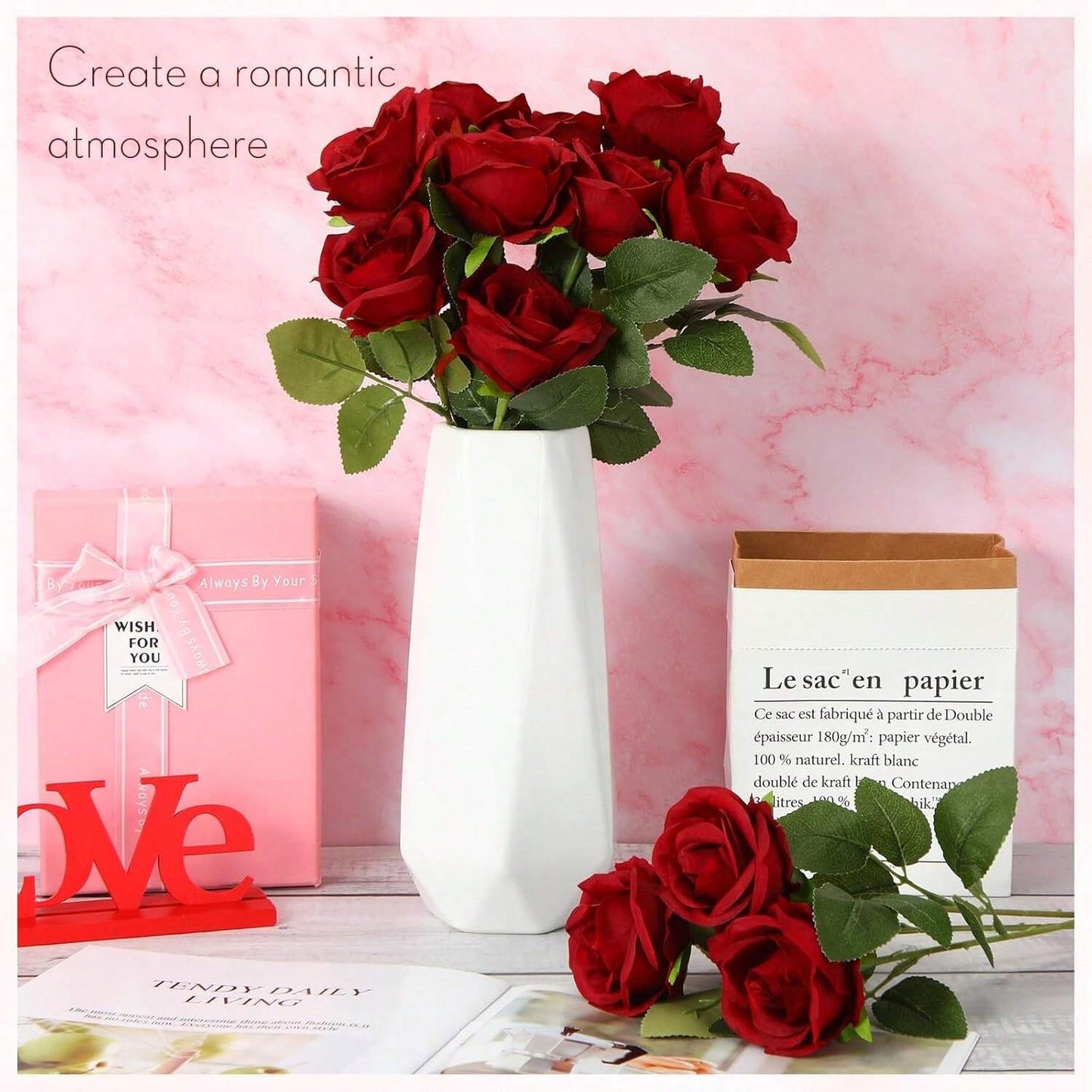 1pc/5pcs/10pcs/12pcs/20pcs Burgundy 20-Inch Artificial Roses, Premium Fake Roses, Suitable For Home Decor, Room Decor, Dining Table Decor, Wedding Decor, Bridal Bouquet, Wrist Corsage, Flower Arrangement Materials