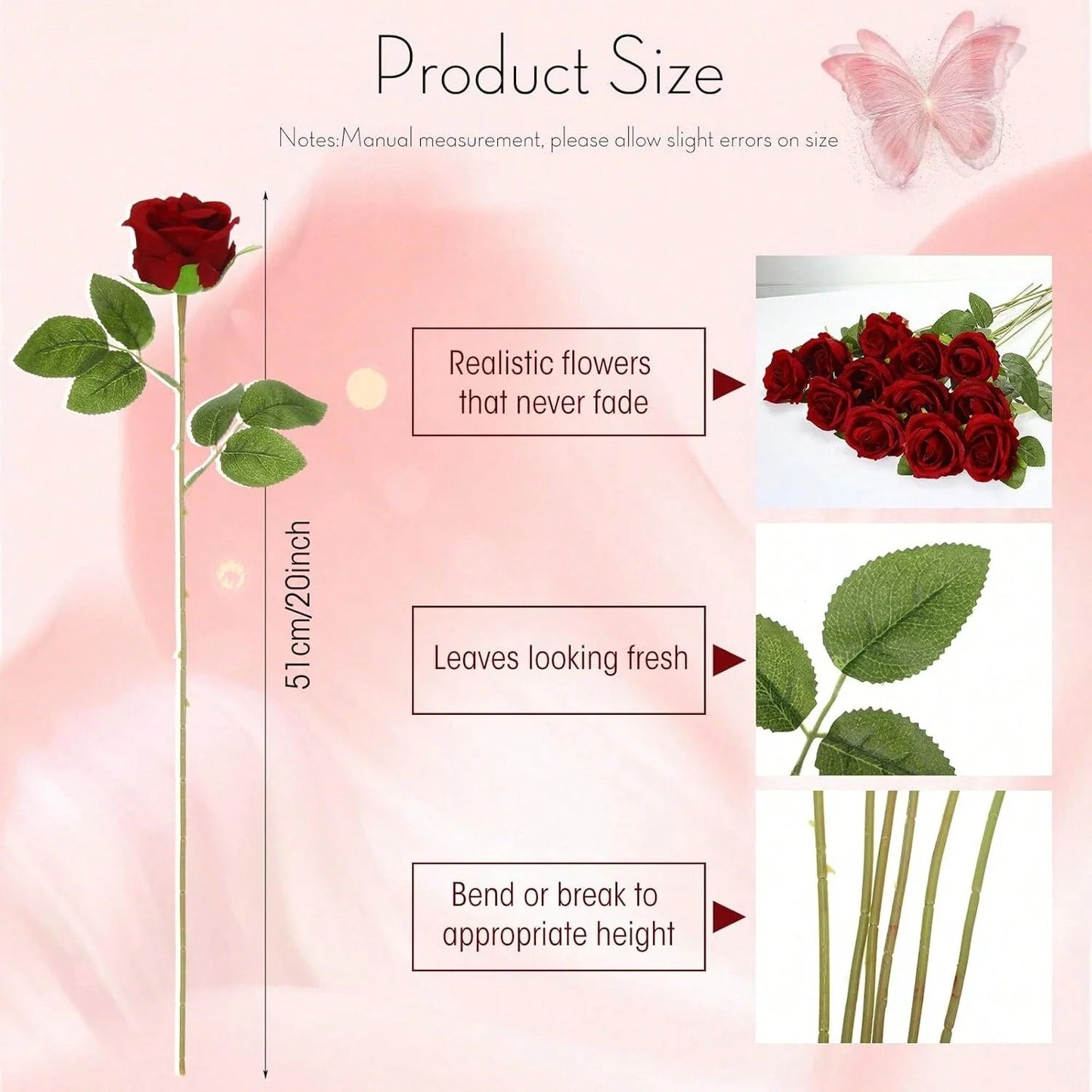 1pc/5pcs/10pcs/12pcs/20pcs Burgundy 20-Inch Artificial Roses, Premium Fake Roses, Suitable For Home Decor, Room Decor, Dining Table Decor, Wedding Decor, Bridal Bouquet, Wrist Corsage, Flower Arrangement Materials