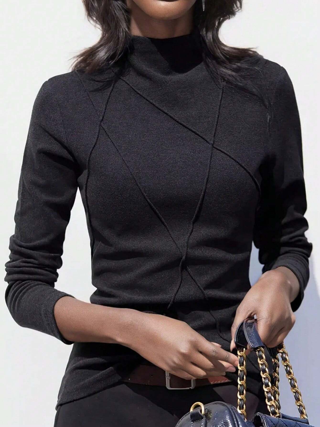 Velvet Patchwork Crew Neck Thermal Undershirt, Layering Top For Women, Autumn/Winter 2024