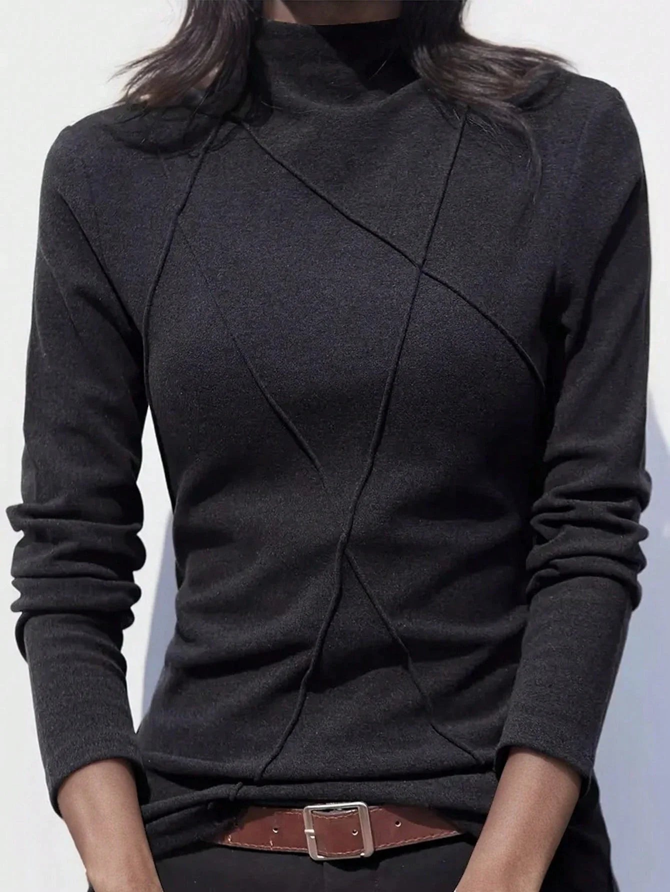 Velvet Patchwork Crew Neck Thermal Undershirt, Layering Top For Women, Autumn/Winter 2024