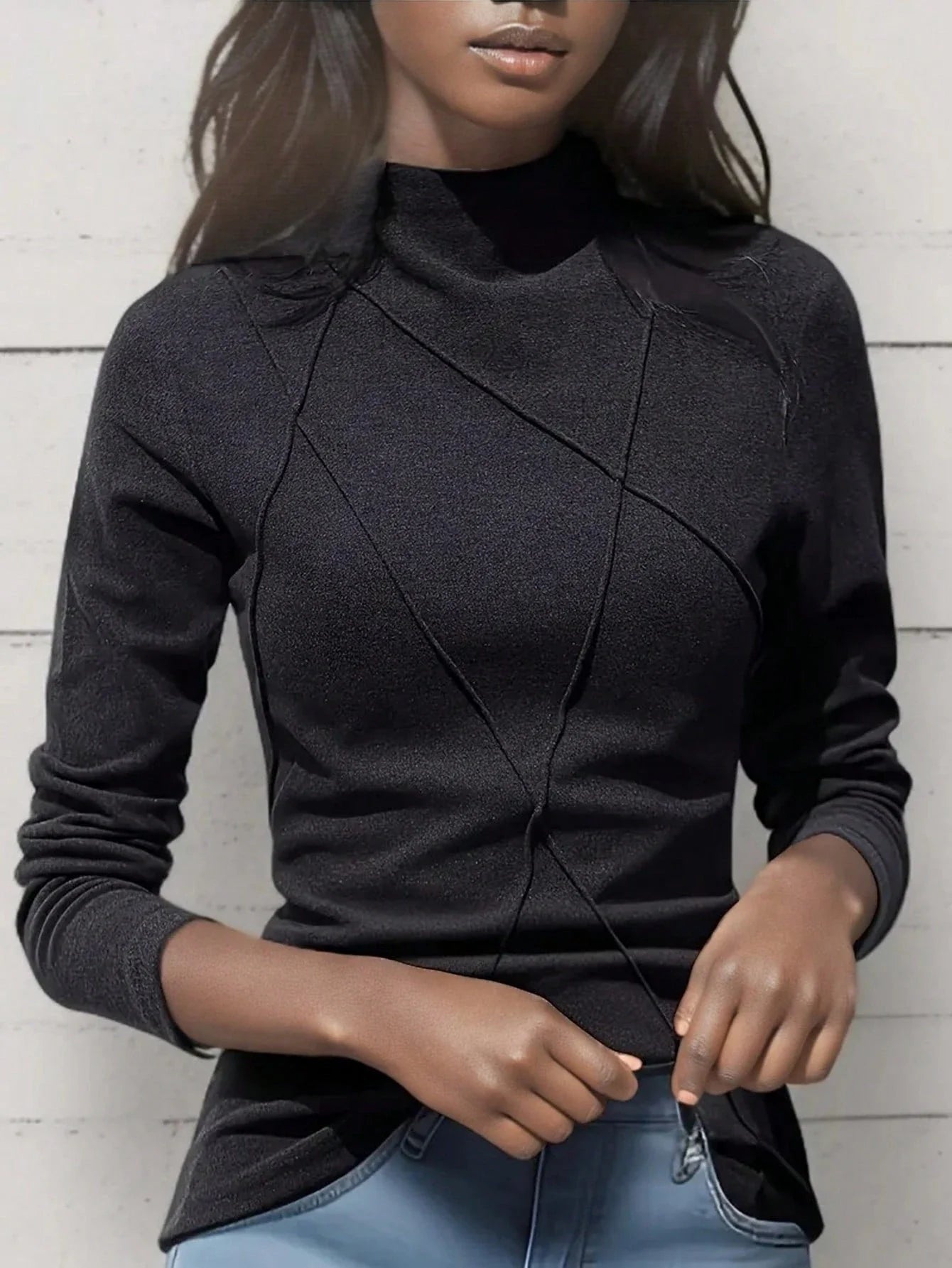 Velvet Patchwork Crew Neck Thermal Undershirt, Layering Top For Women, Autumn/Winter 2024