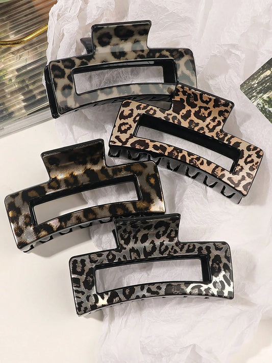 4pcs Leopard Print Hair Claw Clips, Glossy Minimalist Square Hair Clips Accessories For Daily & Casual Wear Hair Jaw Clip Hair Clamps Hair Clutch Hair Catcher Clip, School Stuff, College Fall Winter Hair Accessories For Women For Vacation Outfits Woman Fl
