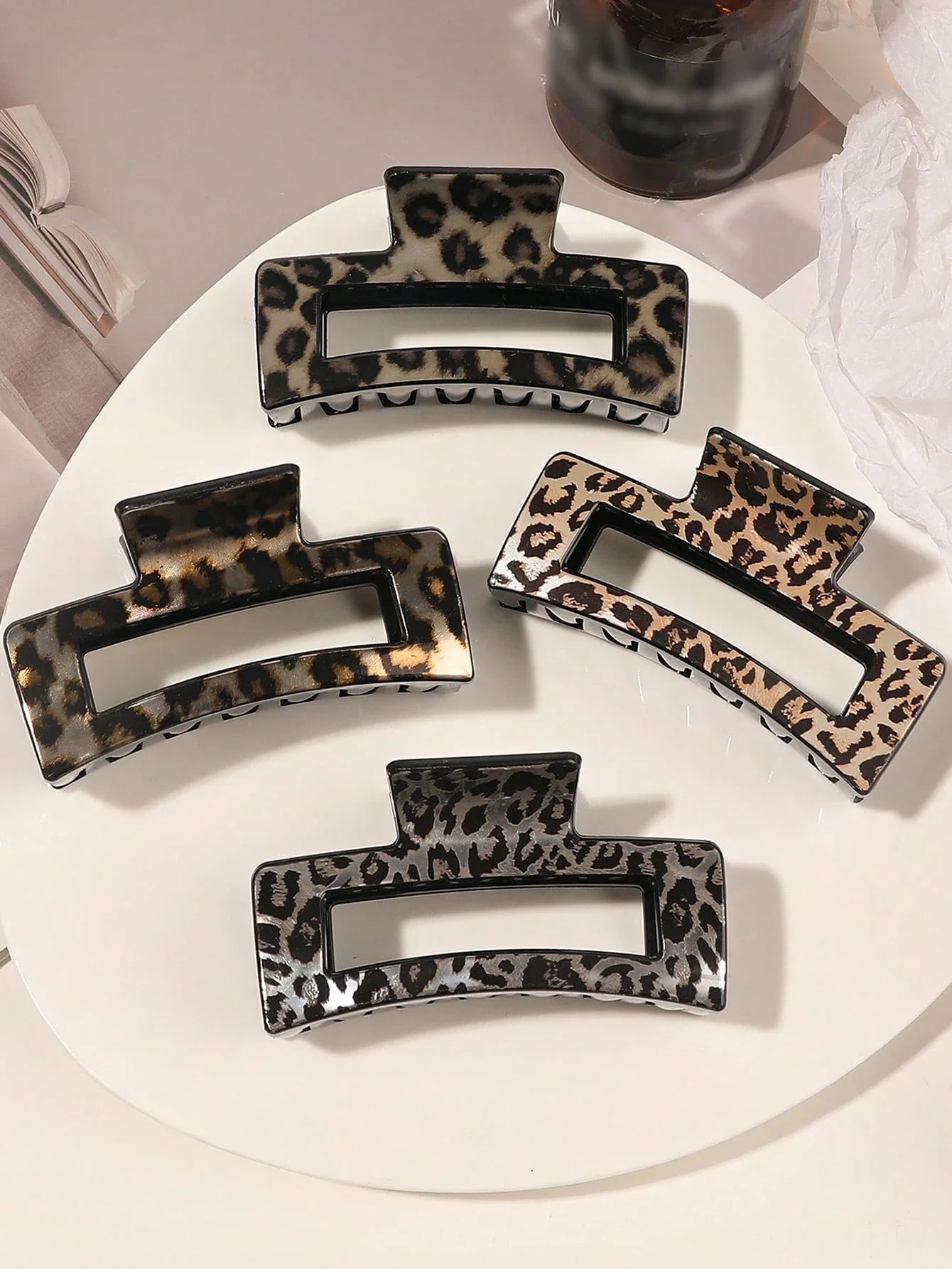 4pcs Leopard Print Hair Claw Clips, Glossy Minimalist Square Hair Clips Accessories For Daily & Casual Wear Hair Jaw Clip Hair Clamps Hair Clutch Hair Catcher Clip, School Stuff, College Fall Winter Hair Accessories For Women For Vacation Outfits Woman Fl