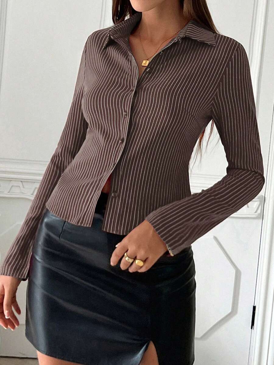 Women Striped Long Sleeve Work Shirt