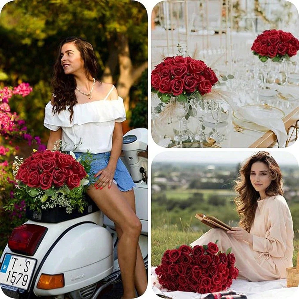 100pcs Artificial Deep Red Roses, Lifelike Flowers, Suitable For DIY Wedding Bouquets, Tabletop Decor, Bridal Shower, Valentine's Day Decoration, Baby Shower, Home Decor, Living Room, Dining Table, Wall, Garden, Wreath, Bedroom Decoration, Etc.