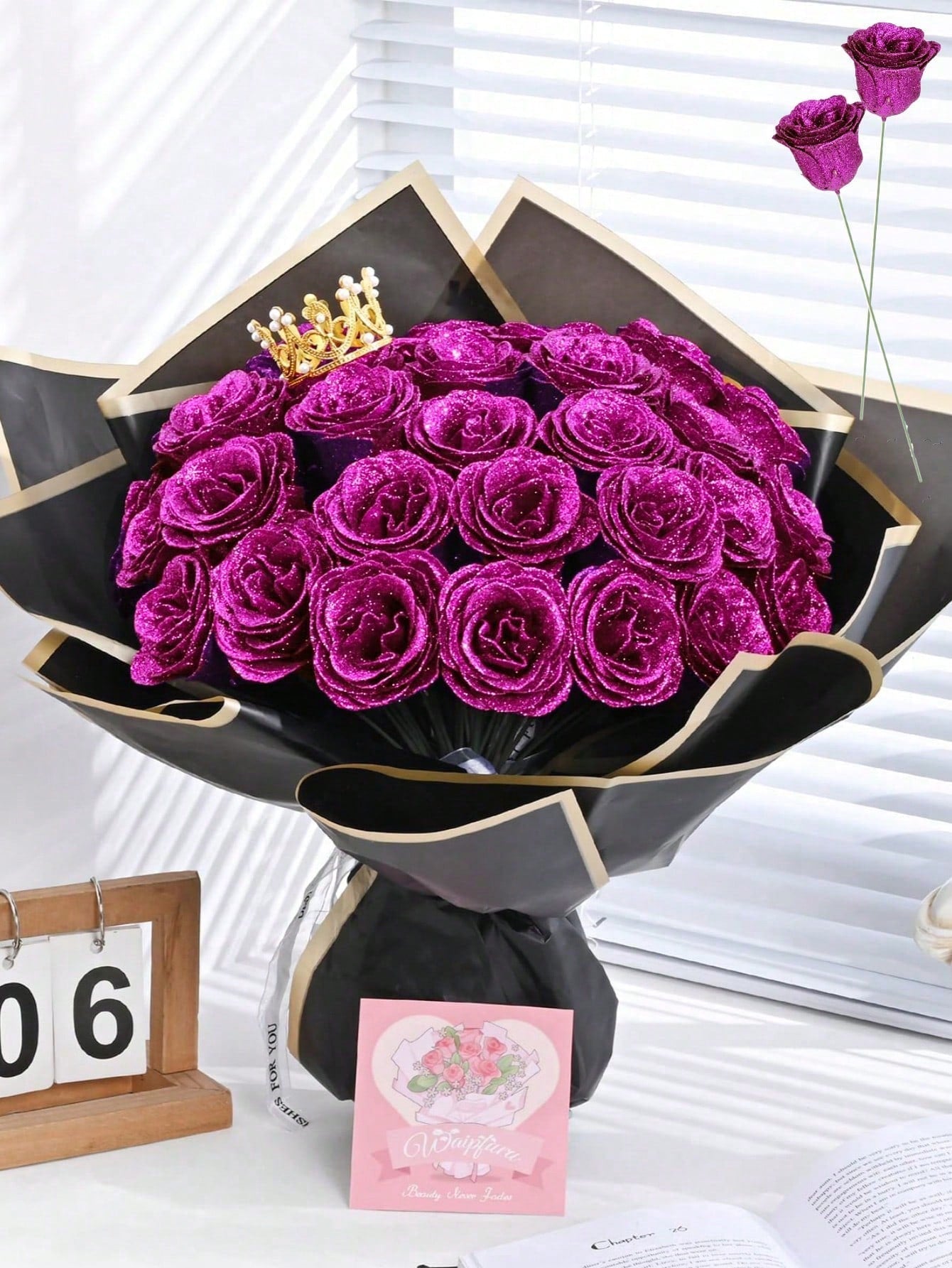 MEHELANY 12pcs 2.76 Inch Glitter Rose Bouquet, DIY Artificial Glitter Flower Bouquet, Red Fake Flowers, Artificial Roses, Everlasting Shiny Artificial Rose Bouquet, Suitable For Anniversary, Engagement, Wedding Gift, Home Decor, Office Kitchen Decor, Part