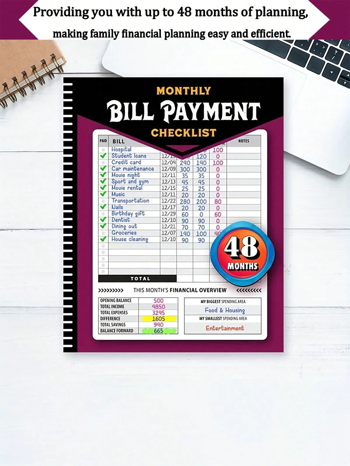 LocalA New Journey Of 48 Months Of Financial Planning! This Bill Payment And Budget Tracking Program Includes A Monthly Financial Organizer Notebook To Help You Clearly Record Your Household Expenditure List. From Income To Expenses, It Provides A Compreh