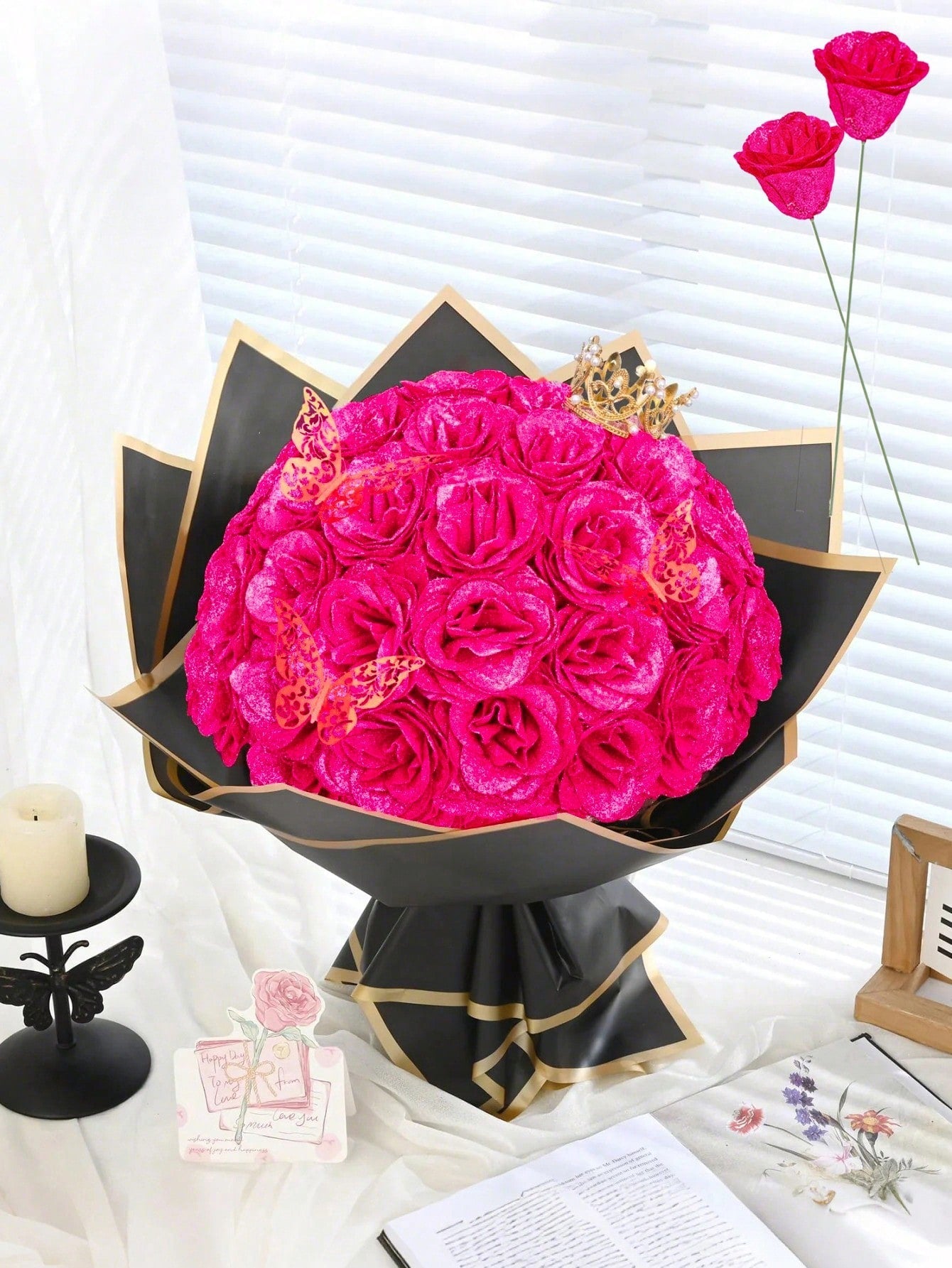 MEHELANY 12pcs 2.76 Inch Glitter Rose Bouquet, DIY Artificial Glitter Flower Bouquet, Red Fake Flowers, Artificial Roses, Everlasting Shiny Artificial Rose Bouquet, Suitable For Anniversary, Engagement, Wedding Gift, Home Decor, Office Kitchen Decor, Part