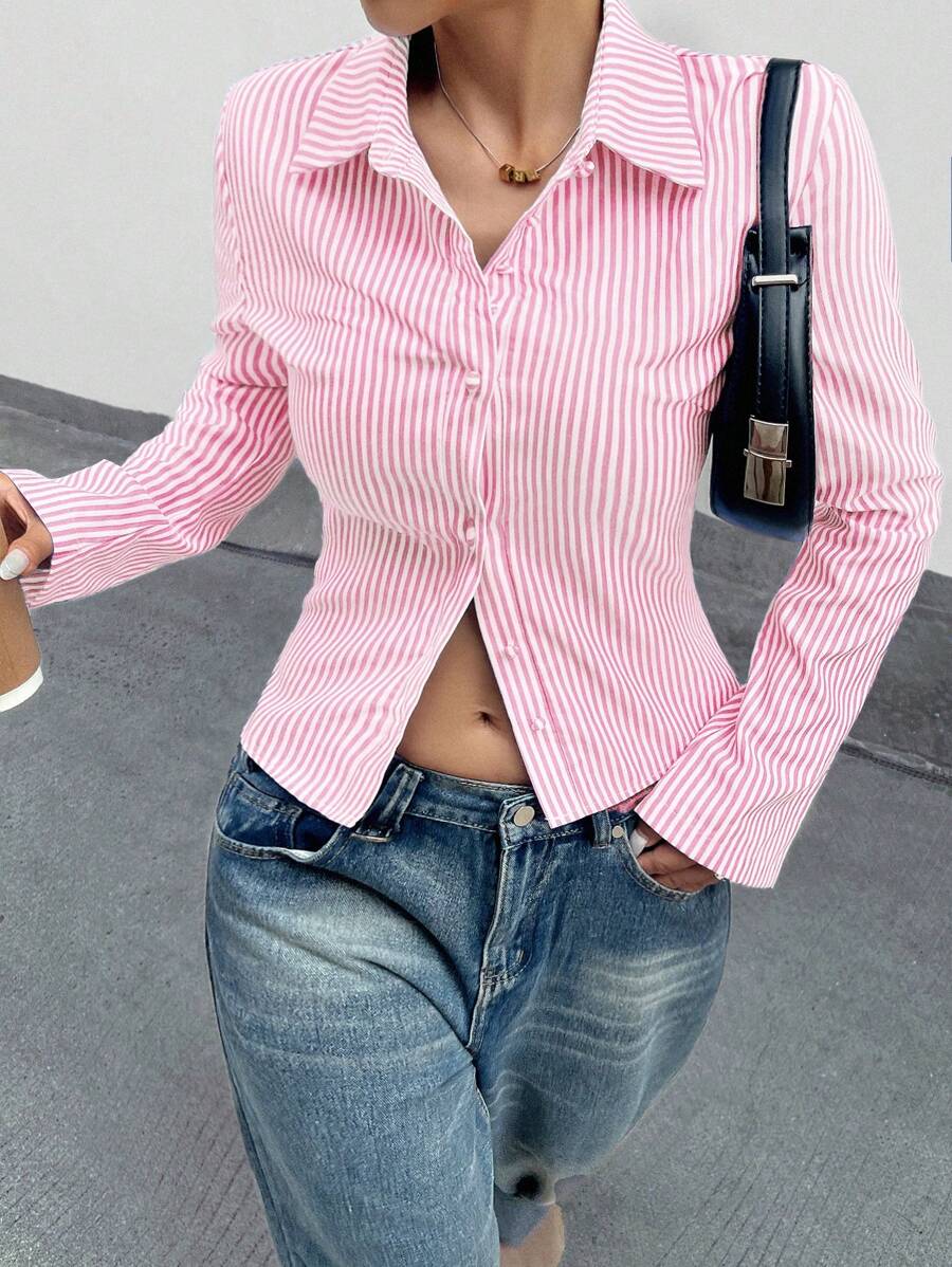 Women Striped Long Sleeve Work Shirt