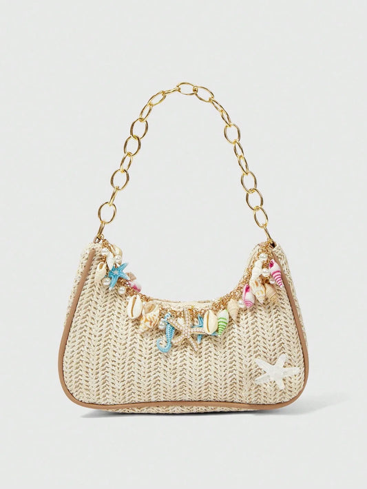 ROMWE Fairycore 1pc Summer Beach Starfish Series Shell & Seashell Woven Shoulder Hand Carry Bag, Beach Bag, Straw Handbag For Women (Charm Color & Style Randomly)