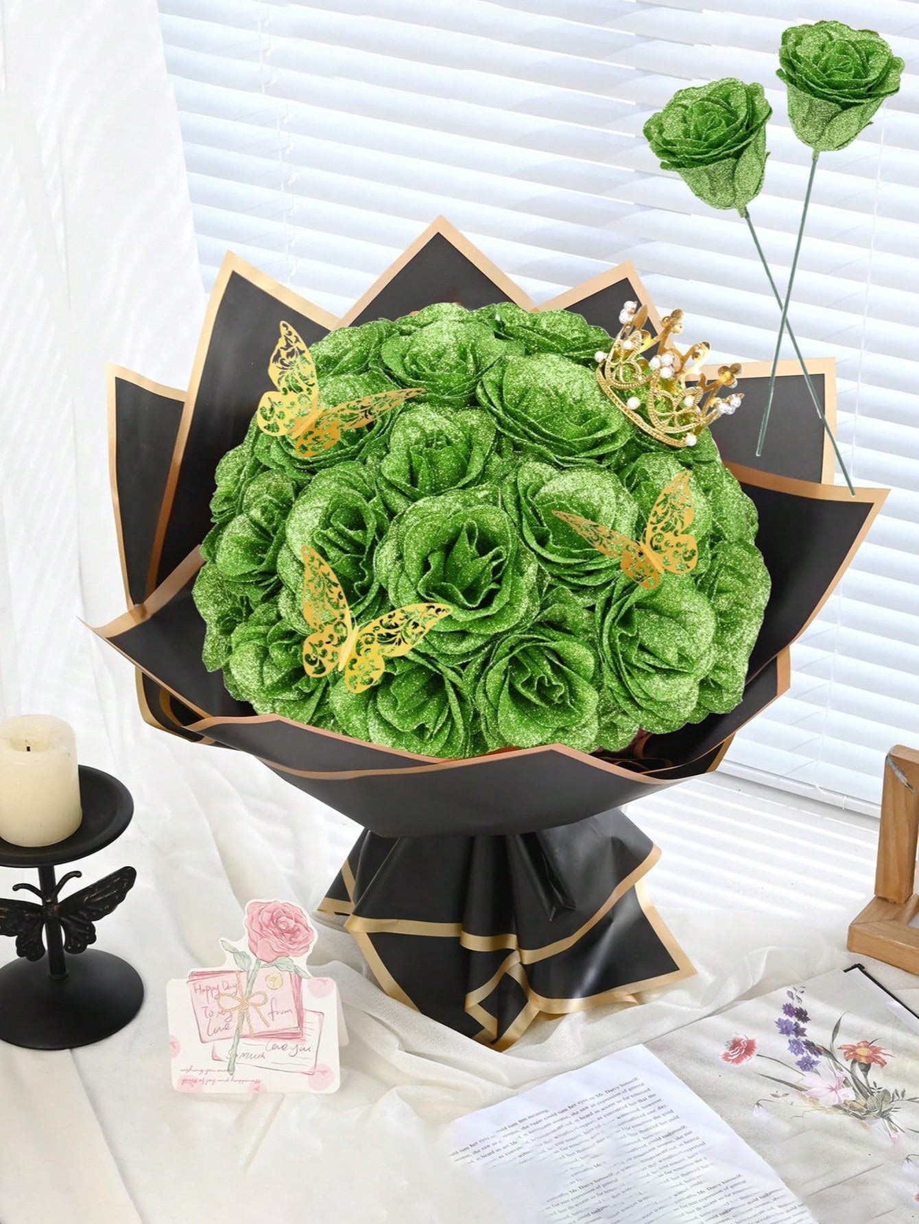 MEHELANY 12pcs 2.76 Inch Glitter Rose Bouquet, DIY Artificial Glitter Flower Bouquet, Red Fake Flowers, Artificial Roses, Everlasting Shiny Artificial Rose Bouquet, Suitable For Anniversary, Engagement, Wedding Gift, Home Decor, Office Kitchen Decor, Part