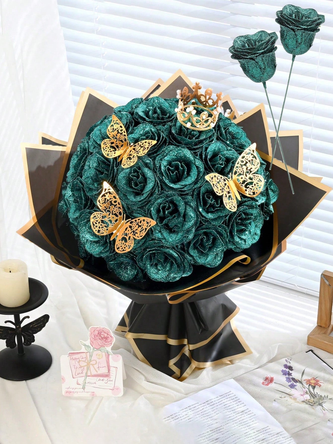 MEHELANY 12pcs 2.76 Inch Glitter Rose Bouquet, DIY Artificial Glitter Flower Bouquet, Red Fake Flowers, Artificial Roses, Everlasting Shiny Artificial Rose Bouquet, Suitable For Anniversary, Engagement, Wedding Gift, Home Decor, Office Kitchen Decor, Part