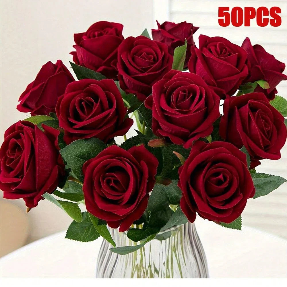 100pcs Artificial Deep Red Roses, Lifelike Flowers, Suitable For DIY Wedding Bouquets, Tabletop Decor, Bridal Shower, Valentine's Day Decoration, Baby Shower, Home Decor, Living Room, Dining Table, Wall, Garden, Wreath, Bedroom Decoration, Etc.