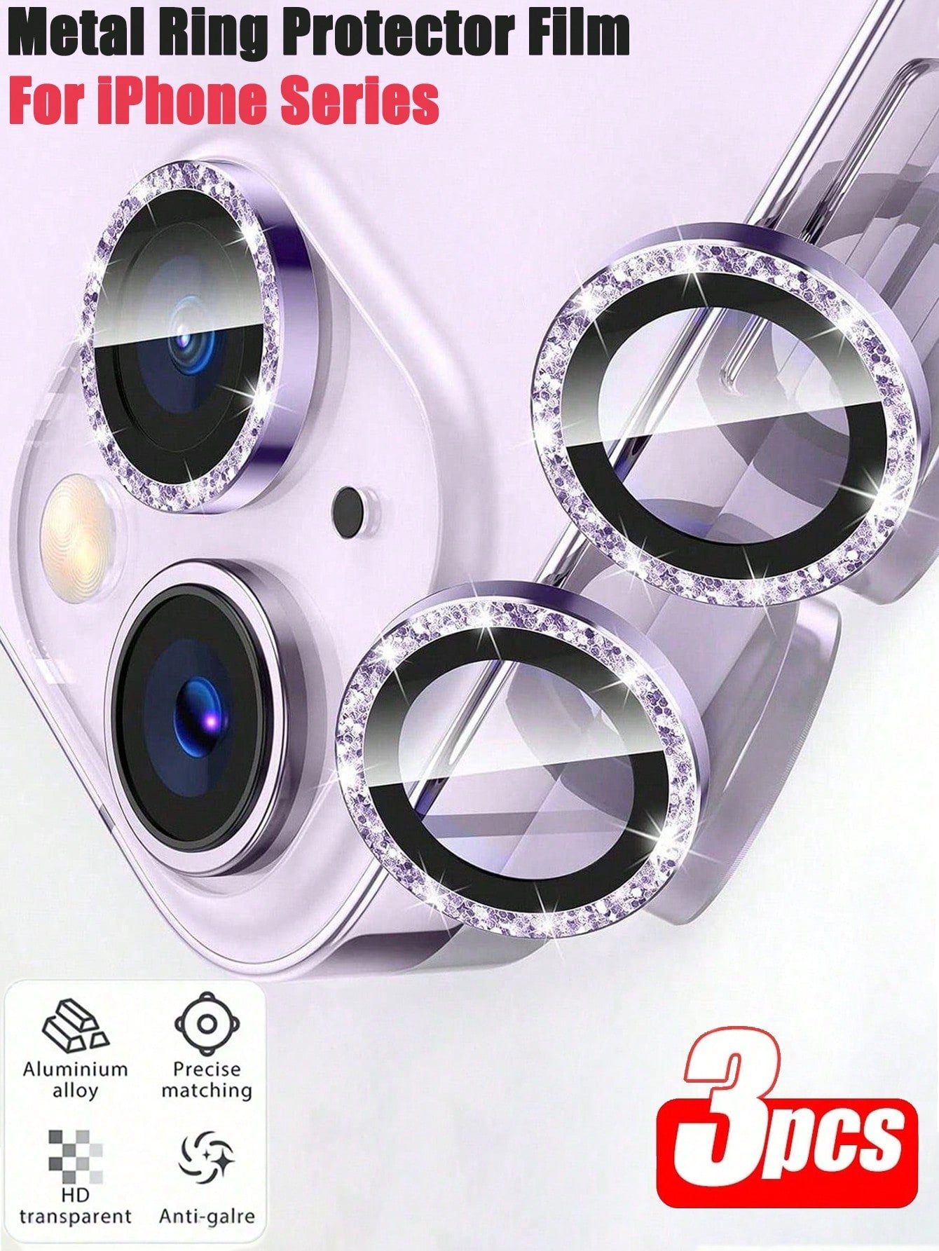 3pcs Compatible With IPhone17 16 15 14 13 12 11Plus Camera Lens Protection Film, Scratch Resistant Shiny Metal Ring, Women's Lens Protection Cover, Cute Lens Protection Accessories, Pink
