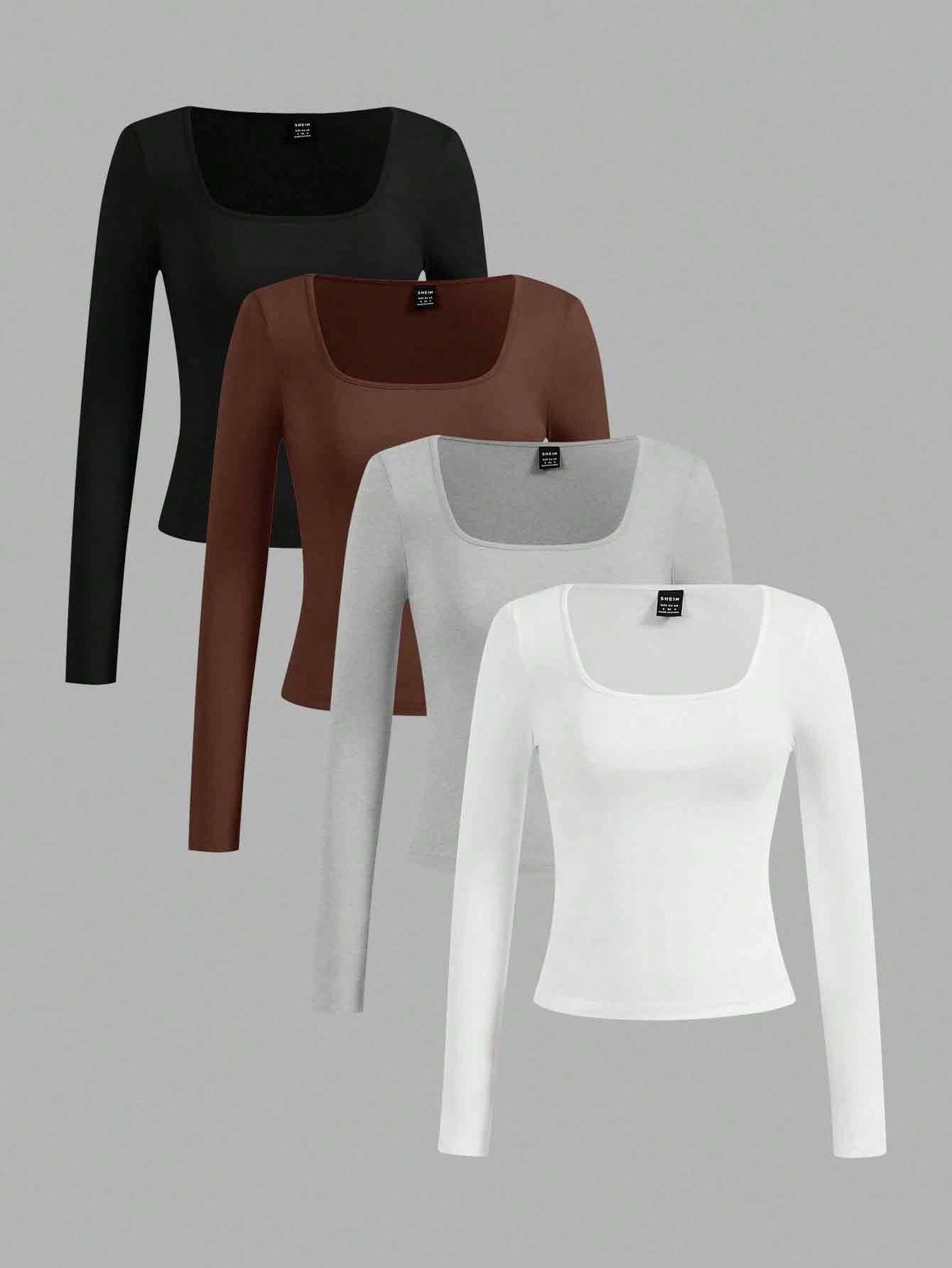 SHEIN Essnce 4pcs/Set Casual Solid Color Versatile Crew Neck Long Sleeve T-Shirts For Women, Suitable For Autumn/Winter,Fall