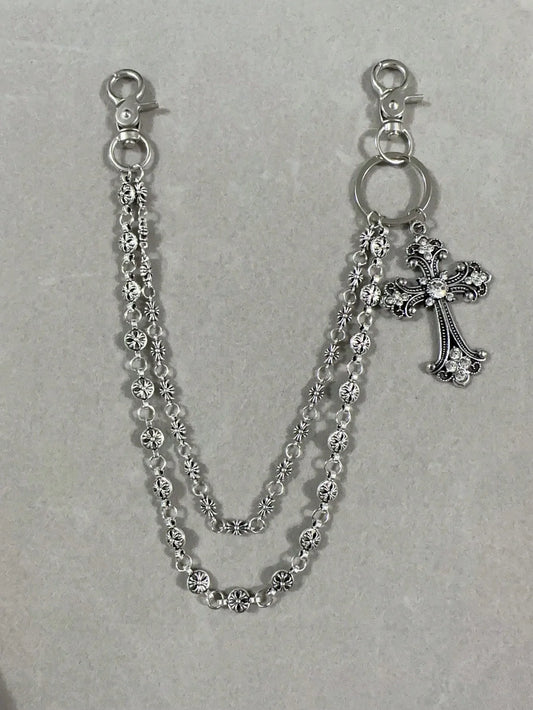 1pc Vintage Double Layer Cross Chain, Wallet Chain, Punk Jeans Chain, Pocket Chain, Men Keychain