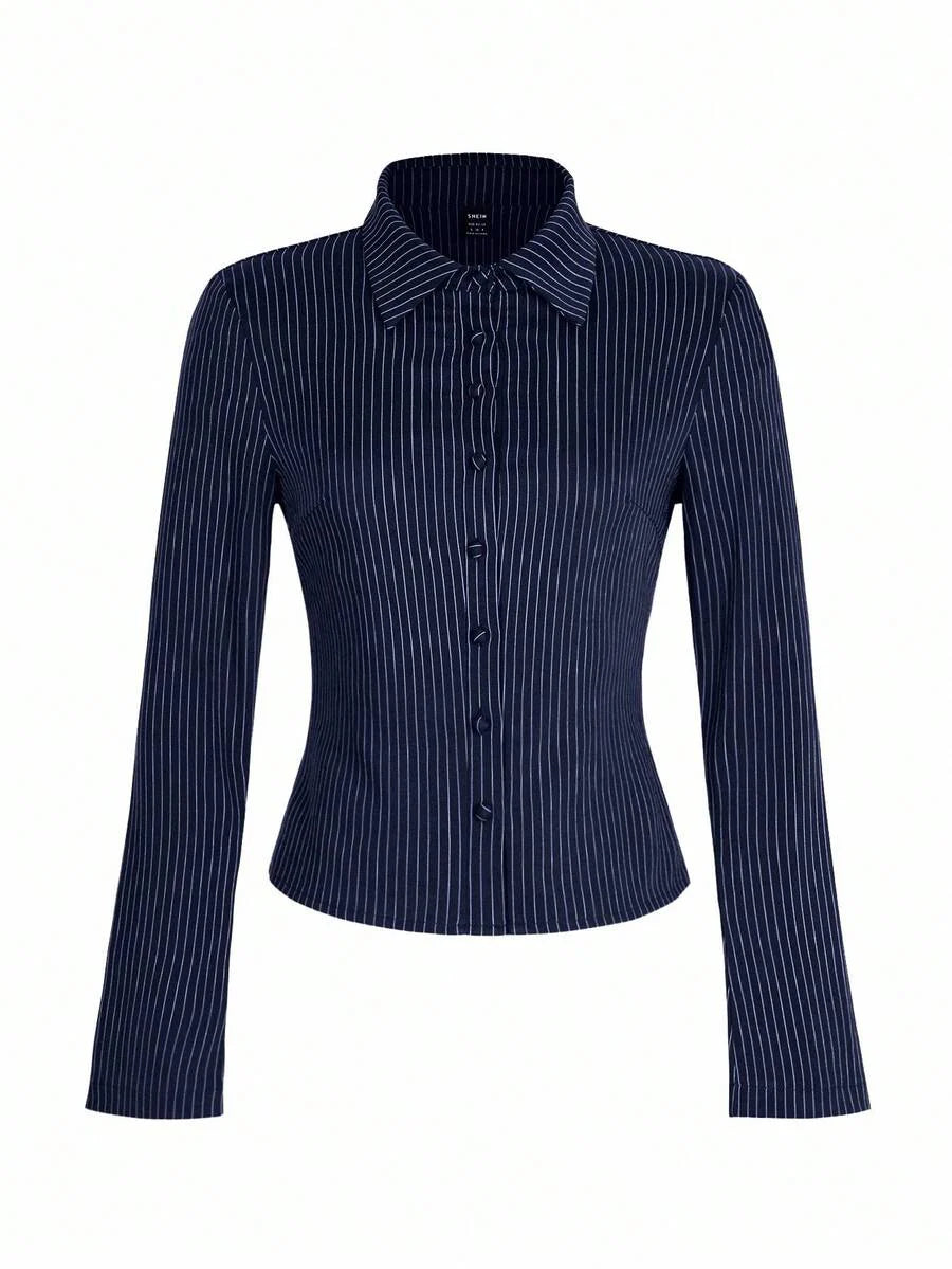 Women Striped Long Sleeve Work Shirt