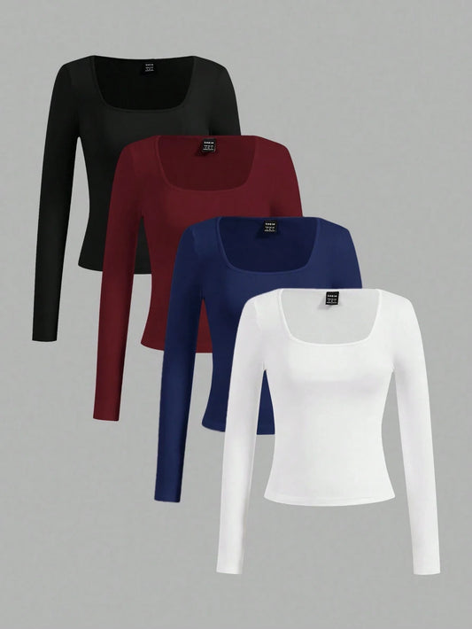 SHEIN Essnce 4pcs/Set Casual Solid Color Versatile Crew Neck Long Sleeve T-Shirts For Women, Suitable For Autumn/Winter,Fall
