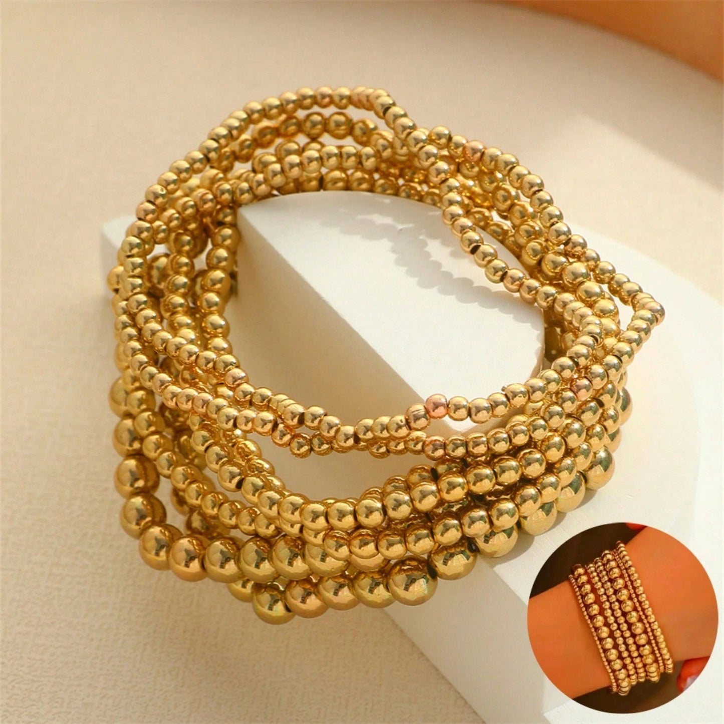 Local7-Piece Gold Bead Bracelet Multifunctional Stackable Bohemian Beach Style Self-Combined Bead Chains Versatile Daily Wear No Clothes Picking Exquisite Single Layered Wear Quality Details Comfortable Beach Party