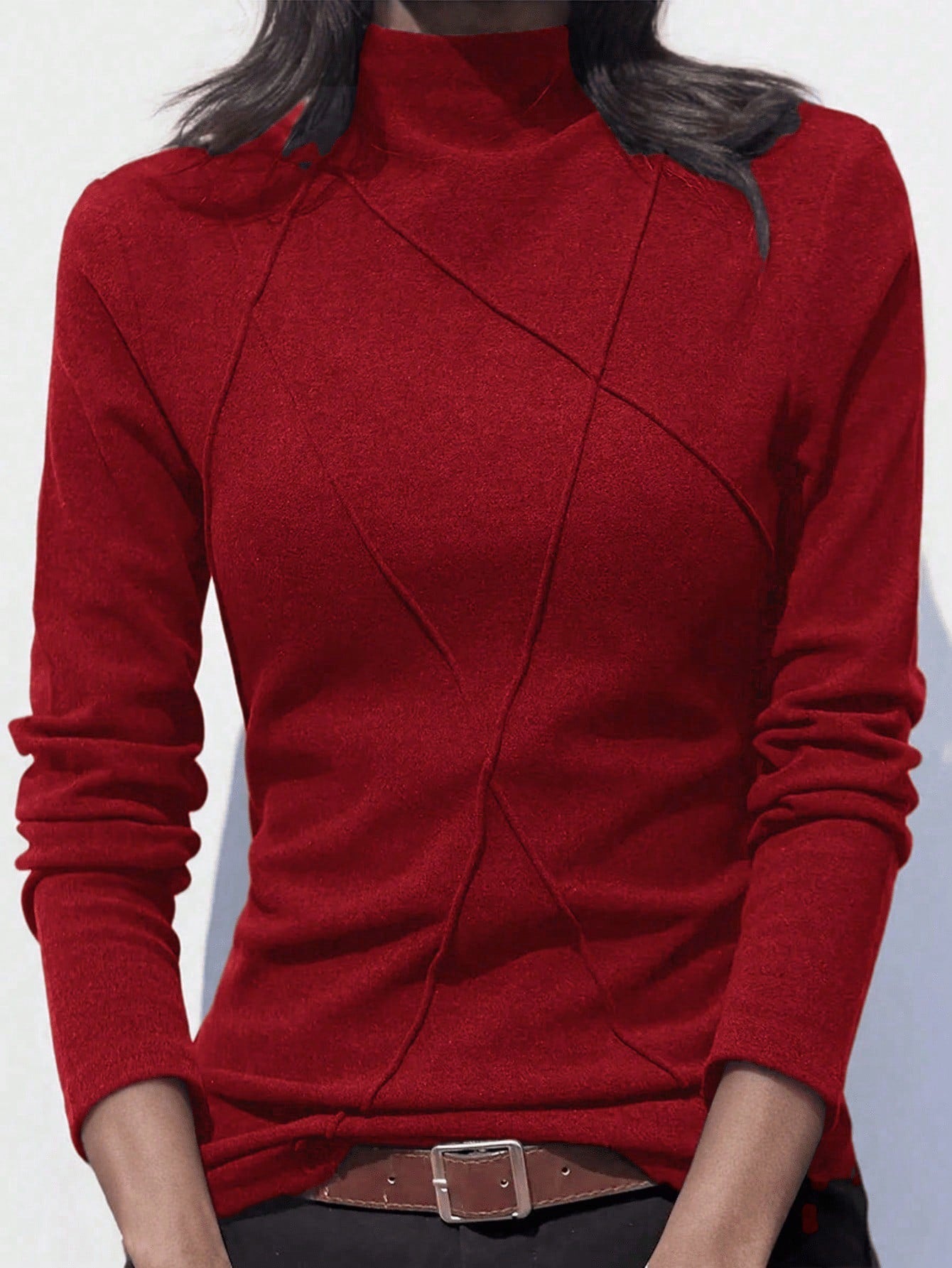 Velvet Patchwork Crew Neck Thermal Undershirt, Layering Top For Women, Autumn/Winter 2024