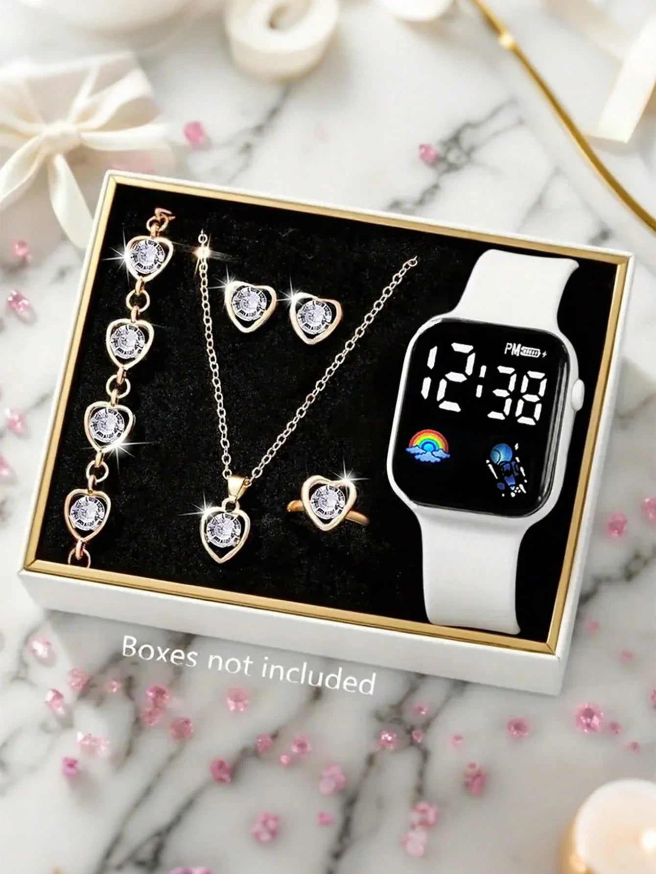 6/1pc Cute Girl Fashionable And Romantic LED Rainbow Digital Display Electronic Watch, Suitable For Girls To Wear, Equipped With Jewelry Bracelets, Necklaces, Rings, Earring Sets, Suitable For Students, Very Suitable For Daily Life Such As School, Parties