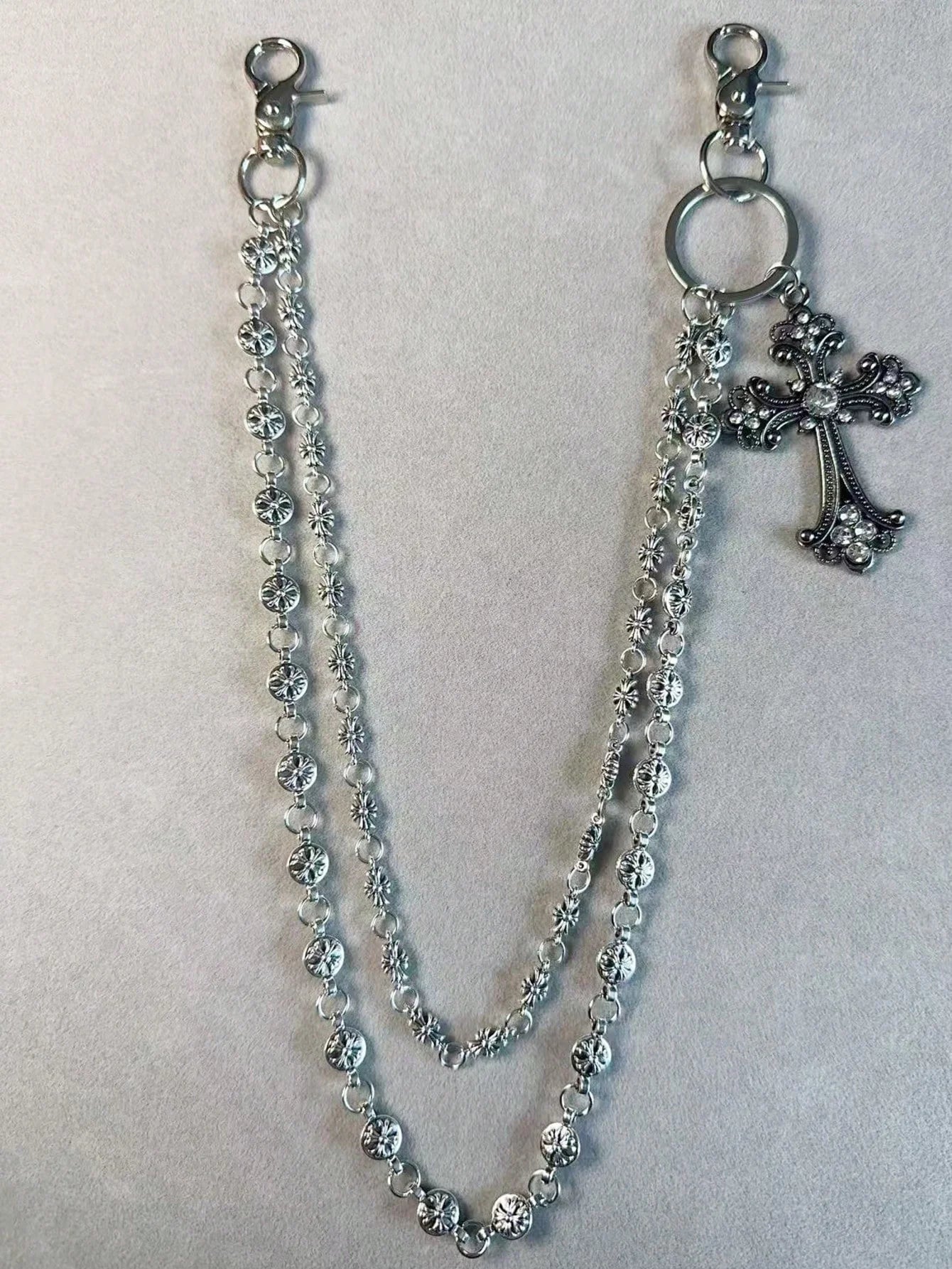 1pc Vintage Double Layer Cross Chain, Wallet Chain, Punk Jeans Chain, Pocket Chain, Men Keychain