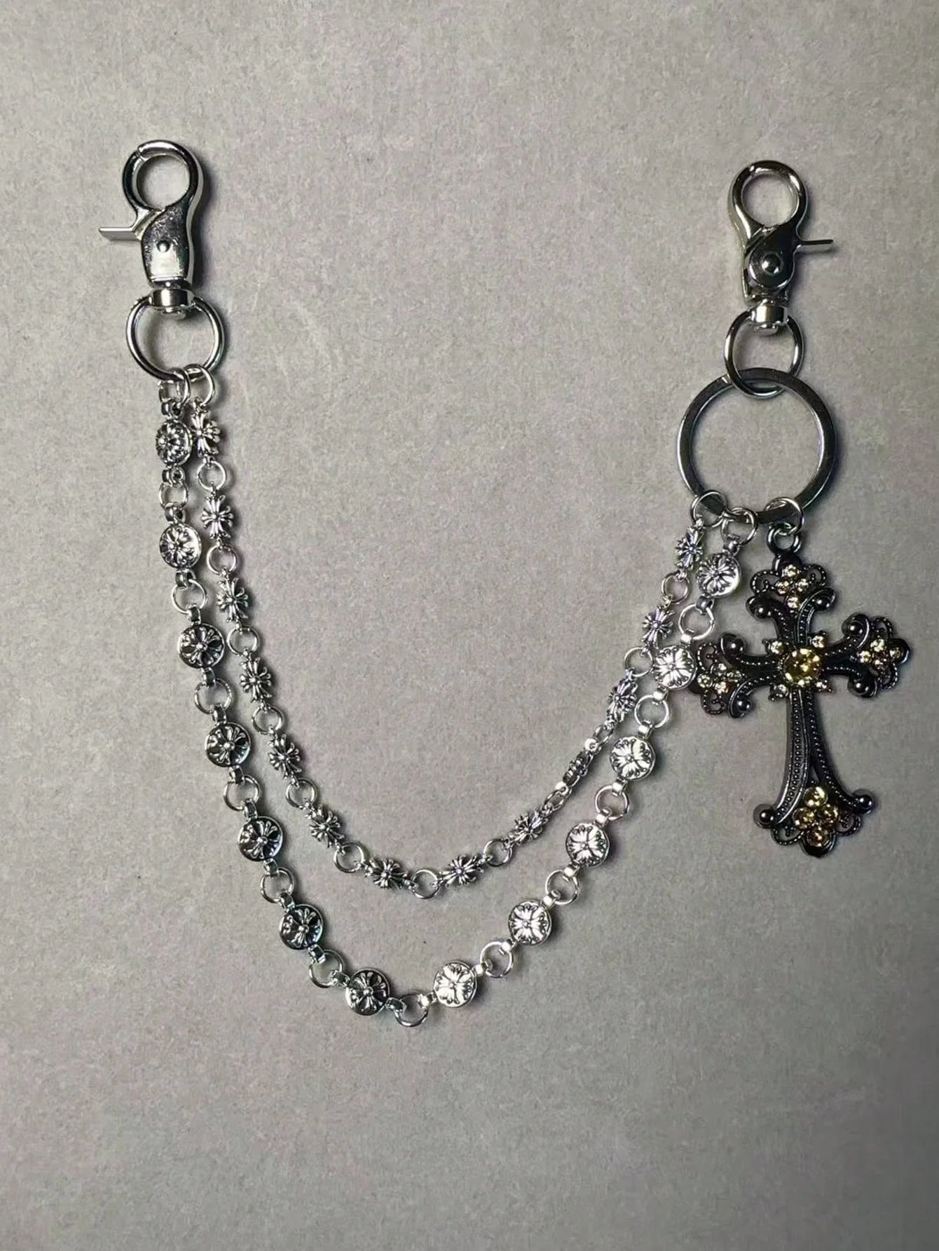 1pc Vintage Double Layer Cross Chain, Wallet Chain, Punk Jeans Chain, Pocket Chain, Men Keychain