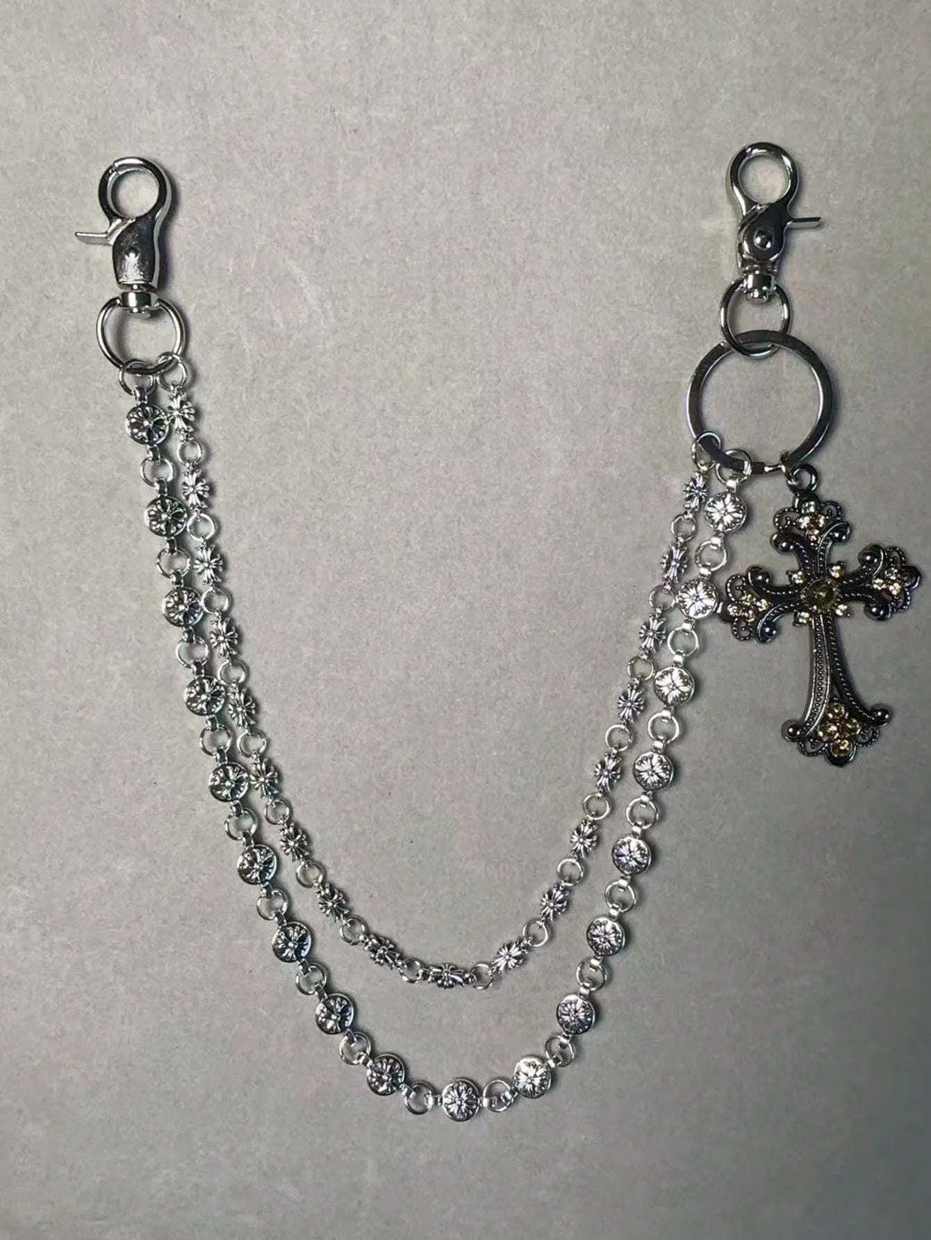 1pc Vintage Double Layer Cross Chain, Wallet Chain, Punk Jeans Chain, Pocket Chain, Men Keychain