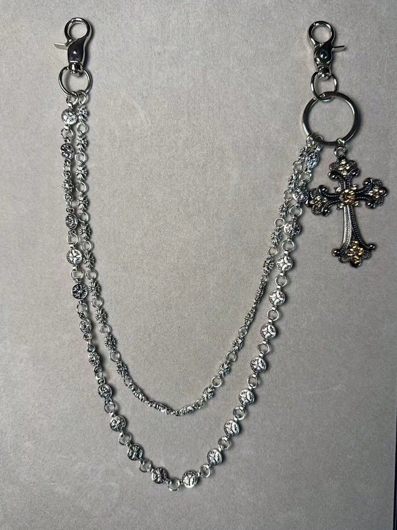 1pc Vintage Double Layer Cross Chain, Wallet Chain, Punk Jeans Chain, Pocket Chain, Men Keychain
