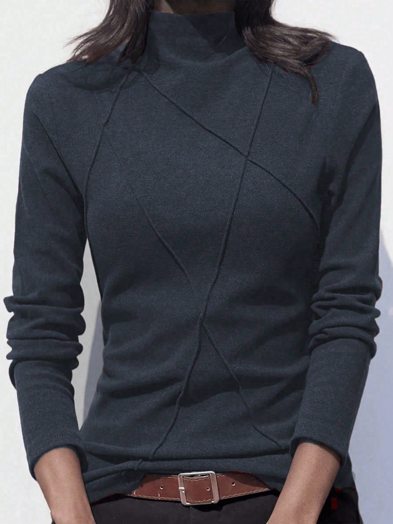 Velvet Patchwork Crew Neck Thermal Undershirt, Layering Top For Women, Autumn/Winter 2024