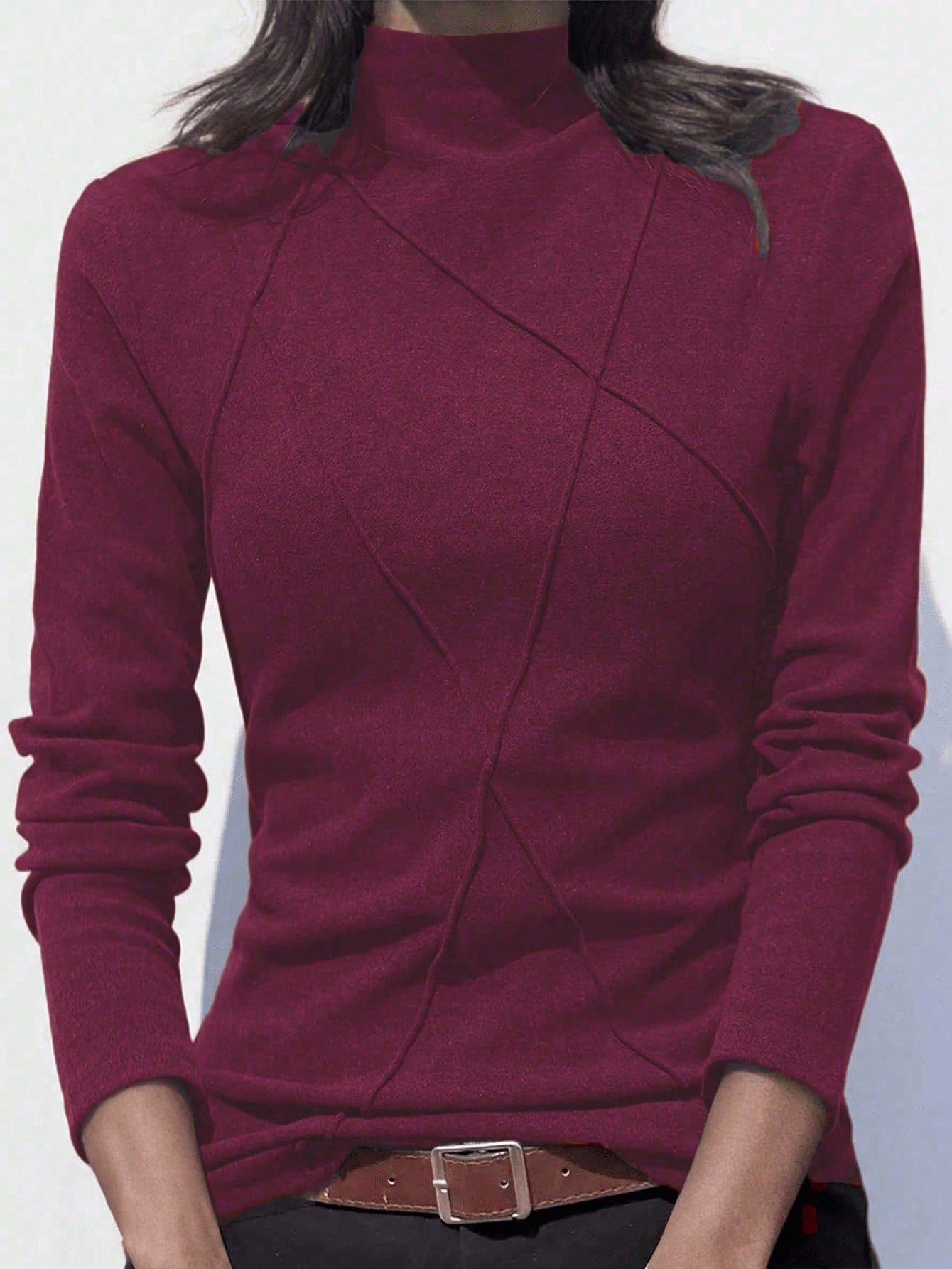 Velvet Patchwork Crew Neck Thermal Undershirt, Layering Top For Women, Autumn/Winter 2024