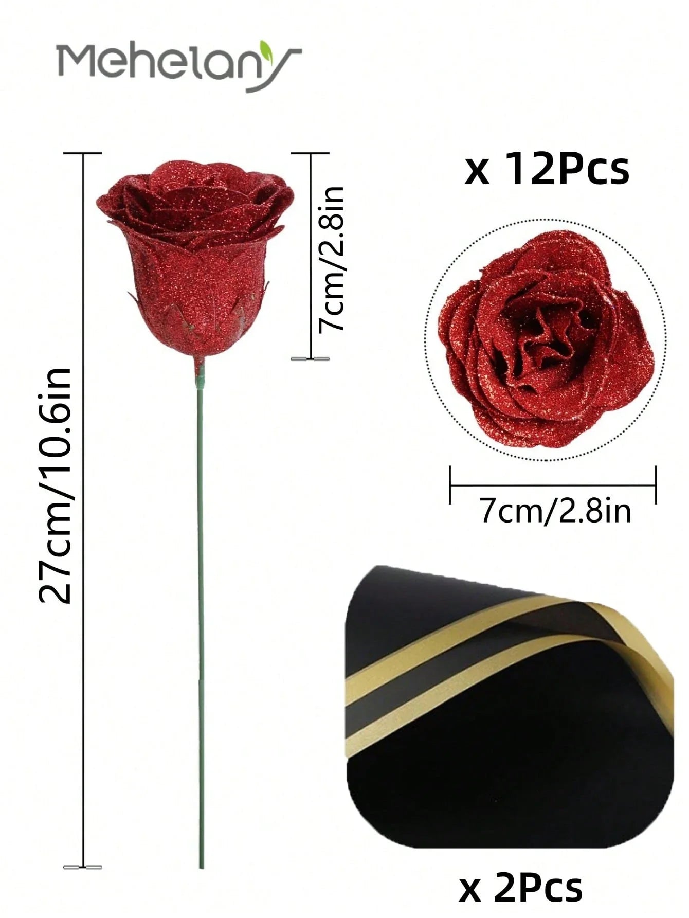 MEHELANY 12pcs 2.76 Inch Glitter Rose Bouquet, DIY Artificial Glitter Flower Bouquet, Red Fake Flowers, Artificial Roses, Everlasting Shiny Artificial Rose Bouquet, Suitable For Anniversary, Engagement, Wedding Gift, Home Decor, Office Kitchen Decor, Part