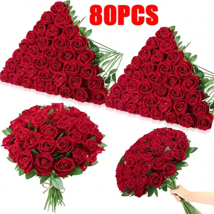 100pcs Artificial Deep Red Roses, Lifelike Flowers, Suitable For DIY Wedding Bouquets, Tabletop Decor, Bridal Shower, Valentine's Day Decoration, Baby Shower, Home Decor, Living Room, Dining Table, Wall, Garden, Wreath, Bedroom Decoration, Etc.