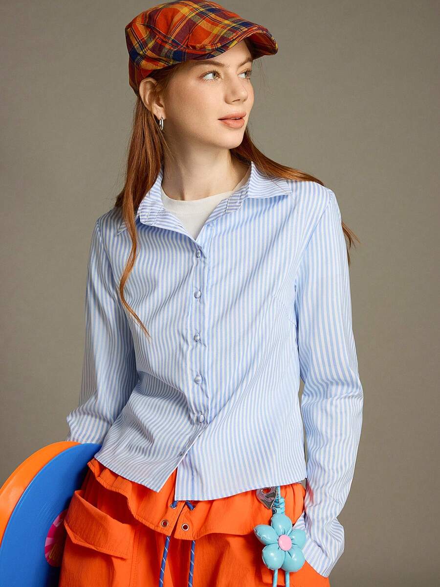 Women Striped Long Sleeve Work Shirt