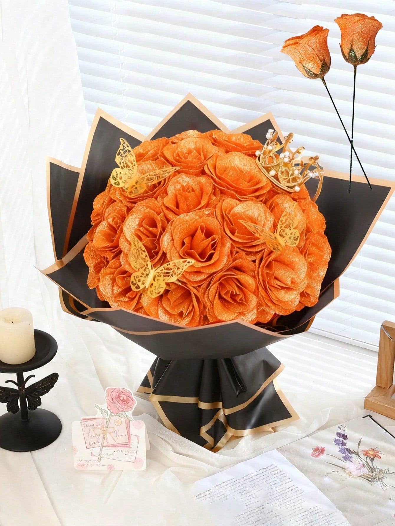 MEHELANY 12pcs 2.76 Inch Glitter Rose Bouquet, DIY Artificial Glitter Flower Bouquet, Red Fake Flowers, Artificial Roses, Everlasting Shiny Artificial Rose Bouquet, Suitable For Anniversary, Engagement, Wedding Gift, Home Decor, Office Kitchen Decor, Part