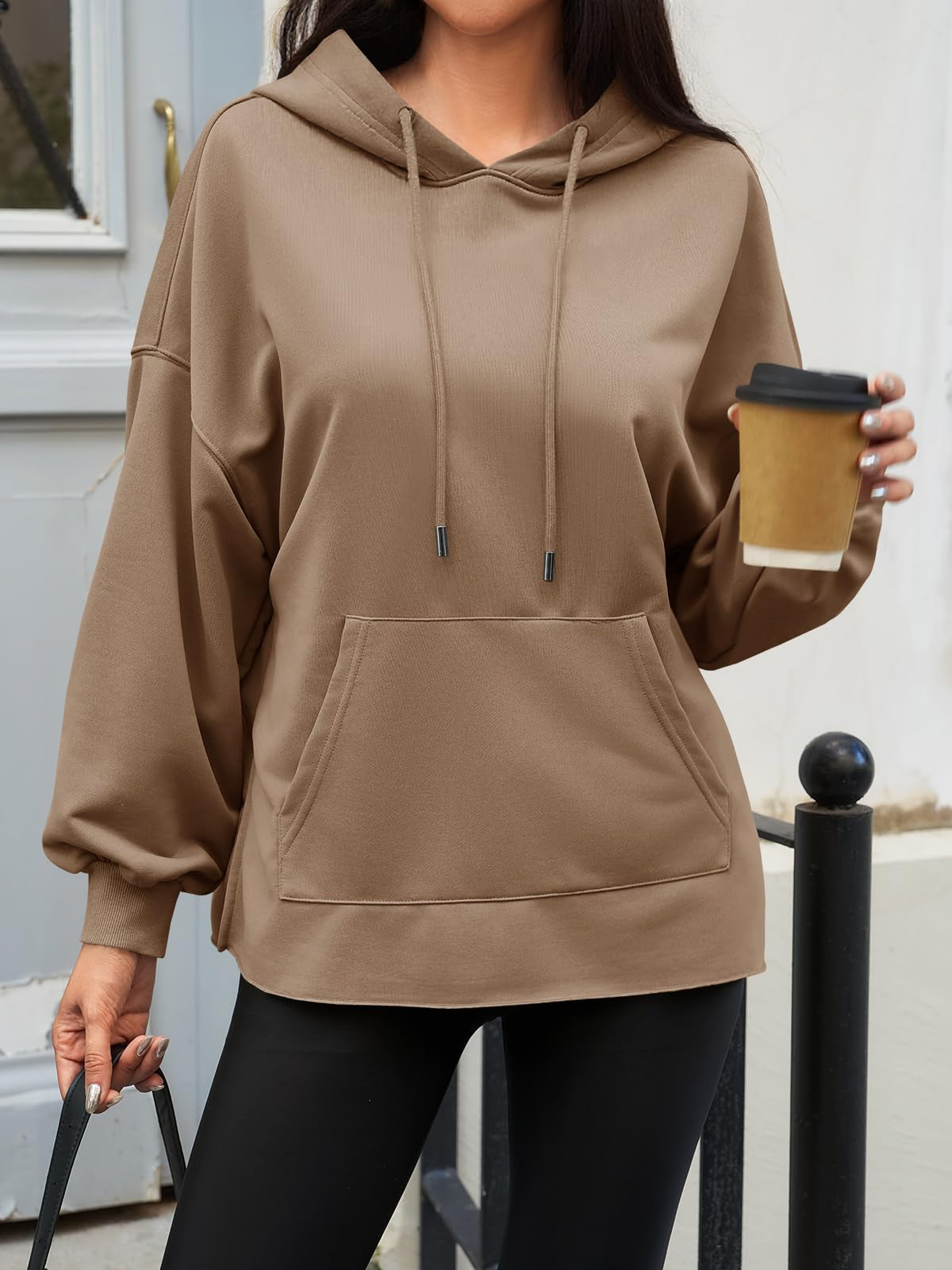 Fisoew Women's Hoodies Oversized Sweatshirts Casual Long Sleeve Side Slit Pullover Tops Fall Winter Outfits With Pocket