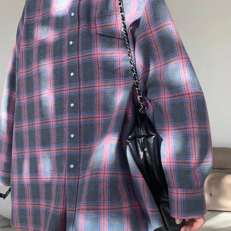 Vintage Oversized Women Plaid Shirt