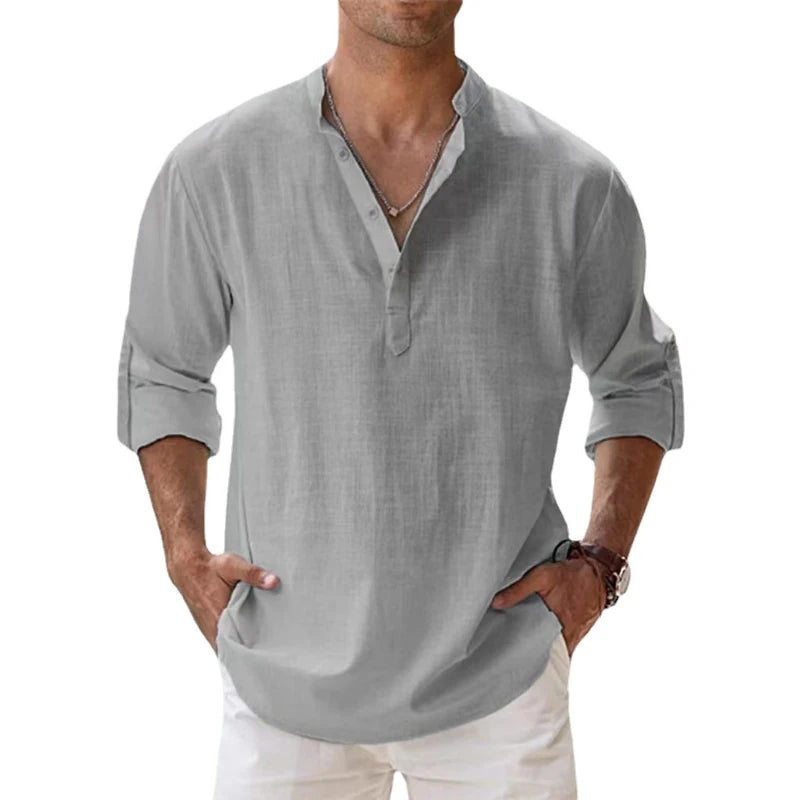 Men's Cotton Linen Casual Henley Shirt