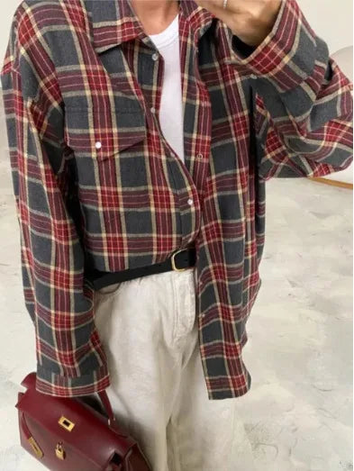 Vintage Oversized Women Plaid Shirt
