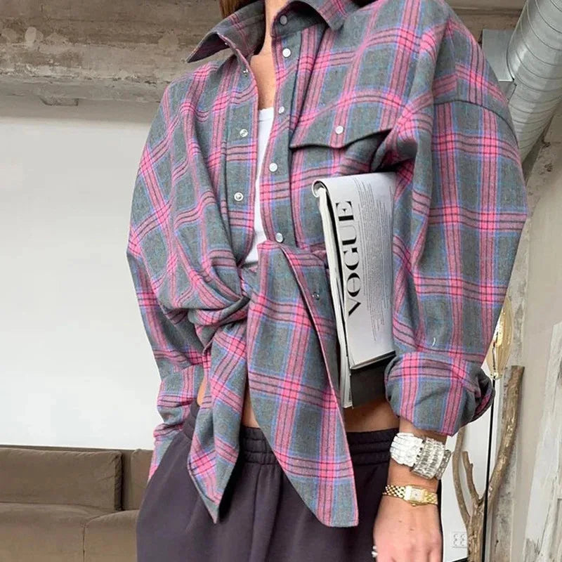 Vintage Oversized Women Plaid Shirt