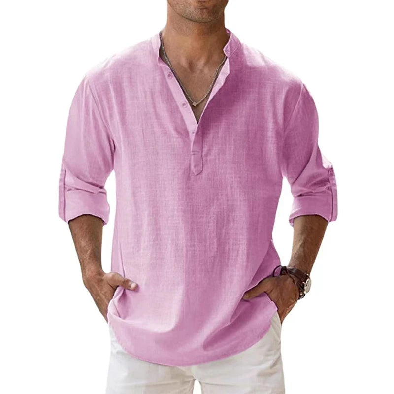Men's Cotton Linen Casual Henley Shirt