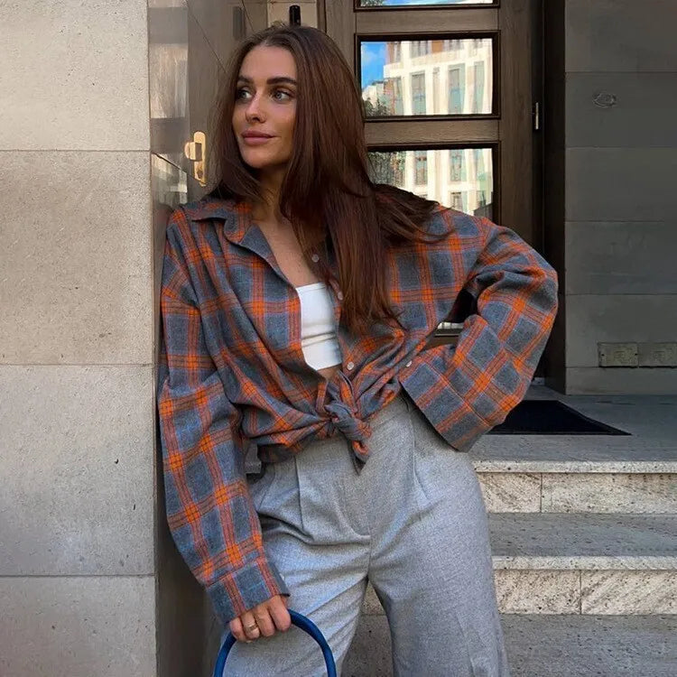 Vintage Oversized Women Plaid Shirt
