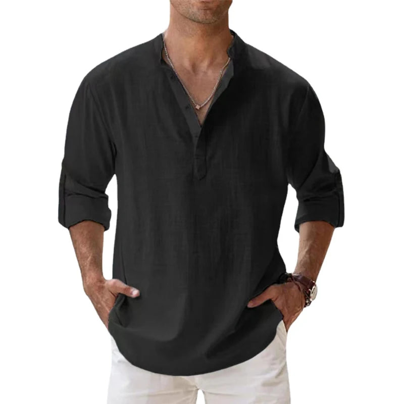 Men's Cotton Linen Casual Henley Shirt